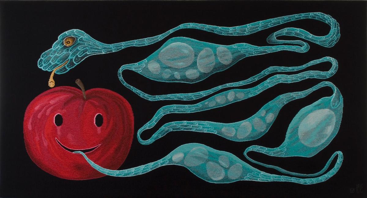 A woven tapestry work by Nell featuring a scaly aqua snake coming out of a red apple with a smiley face against a black background. 