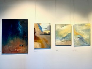 Paintings by Gisela A. Züchner-Mogall from the exhibition, '360° – A Visual Journey' at Mandurah Performing Arts Centre. Four paintings hanging on a white gallery wall.