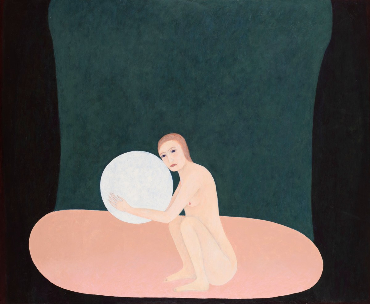 Painting by artist Heather B. Swann of a nude female figure squatting while holding a large white sphere the size of her torso up to her face. She seems to be on top of a peachy pink circle against a moss green background. 