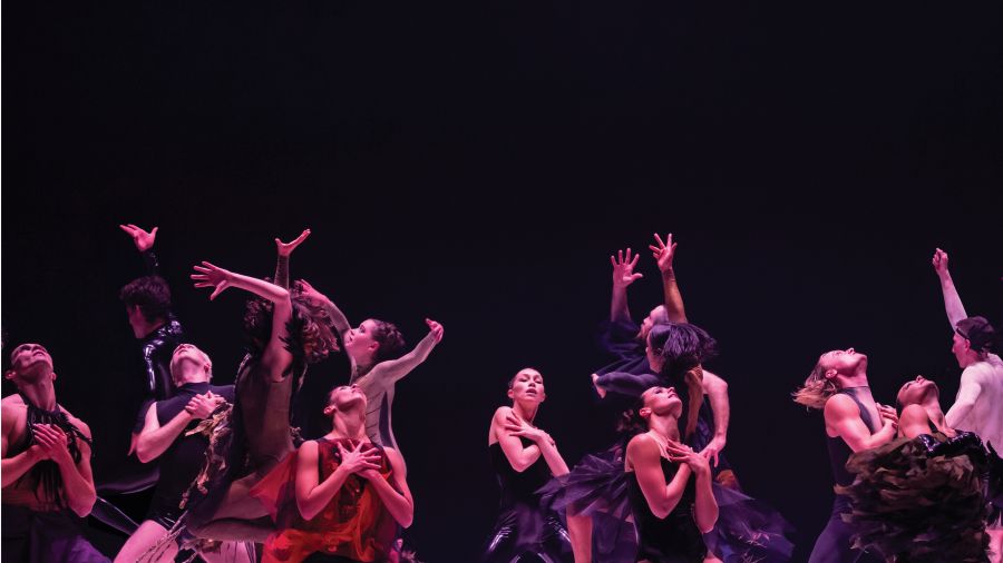 Promotional image for Sydney Dance Company's 2026 season. Some 12 dancers are photographed in an array of costumes and poses: some clutch their hands to their chests and look upwards or directly at the camera, others look away with their hands raised.