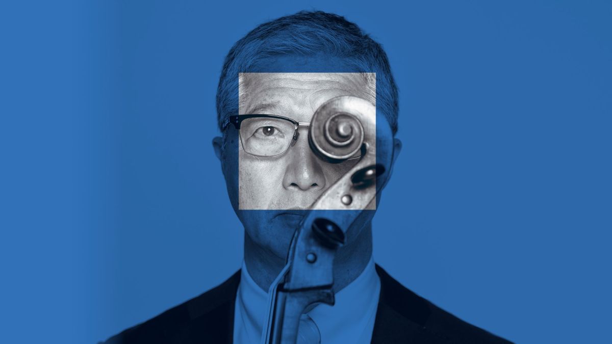 Promotional image for West Australian Symphony Orchestra's 'Underground Series' in 2026, showing cellist Shigeru Komatsu. A blue and white photograph of an older Asian-Australian man wearing glasses and formal wear. He is holding the cello's scroll over his left eye, and the central square of the photo around his face is black and white instead of blue and white.