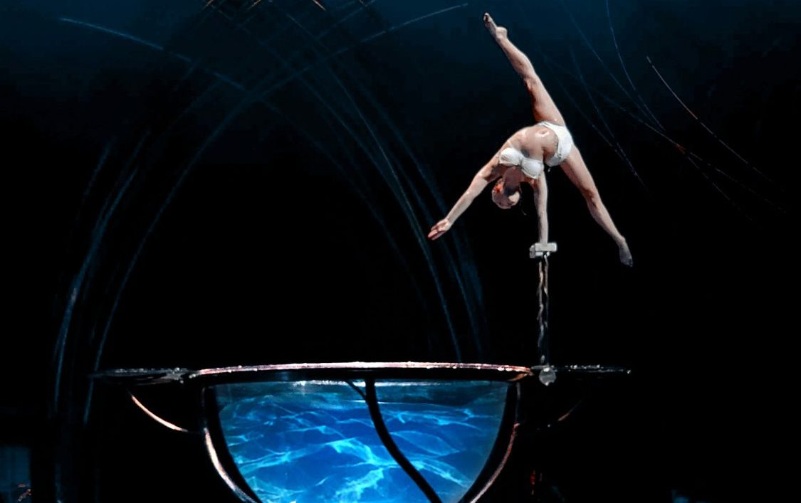 An acrobat balancing with one hand at the edge of a large goblet filled with water. Basic income Ireland.
