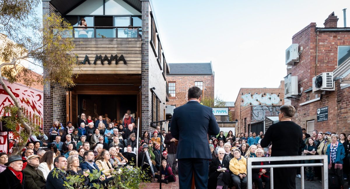 Victoria's Minister for Creative Industries the Hon. Colin Brooks MP speaks at the launch of La Mama Theatre's 2026 program on 27 October.
