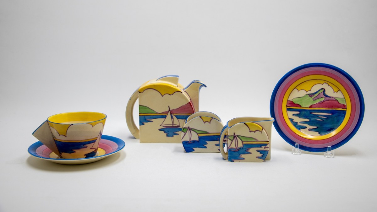 Colorful ceramic collection with art deco design. 