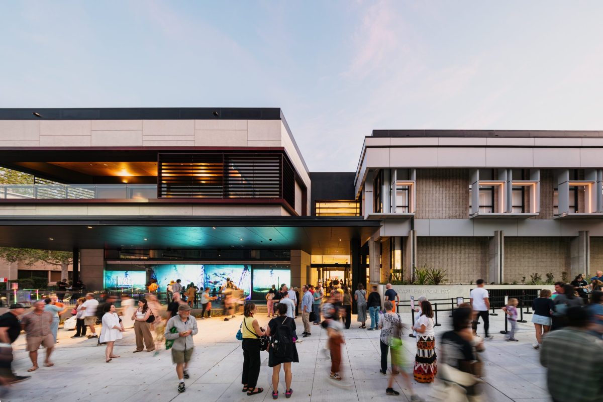 A photograph of bustling audiences outside the new, expanded newcastle Art Gallery. Newcastle Art Gallery relaunch