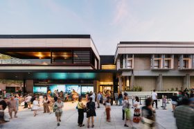 A photograph of bustling audiences outside the new, expanded newcastle Art Gallery. Newcastle Art Gallery relaunch