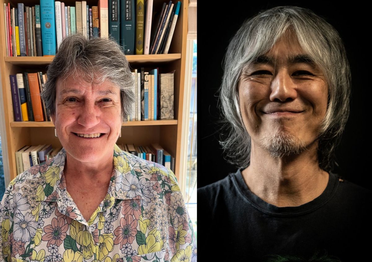 From left, poet Judith Beveridge, winner of the Creative Australia Award for Lifetime Achievement in Literature; and the Hard-Ons' Raymond Ahn, the co-recipient of the Creative Australia Don Banks Music Award. An older, fair-skinned woman with greying hair and wearing a floral blouse, stands smiling in front of a packed bookcase. An older Korean-Australian man with a closely trimmed goatee and grey hair framing his face, smiles at the camera against a black backdrop. He wears a black t-shirt. Creative Australia Awards 2026