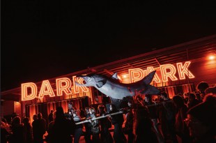 Evening festival event with crowd and red neon sign. Dark Mofo
