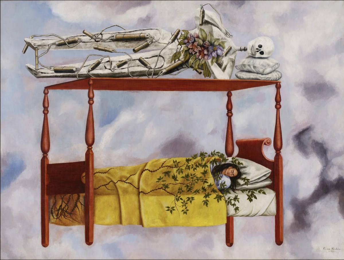 Painting of a bed with yellow blanket floating in sky with skeleton on top. Frida Kahlo painting