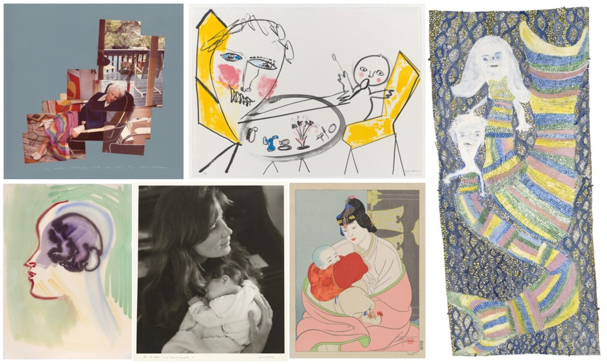 Artworks in MOTHER at NGV Melbourne. Clockwise from top left: David Hockney, My mother sleeping, 1982. Courtesy: the artist; Davida Allen, Baby, 1989. Courtesy: the artist; Djerrkŋu Yunupiŋu, New generation 2021. Courtesy: the artist, Buku Larrŋgay Mulka, NT and Alcaston Gallery, Melbourne; Paul Jacoulet, The treasure, Korea (Le Trésor Corée), 1940. Courtesy: the artist and Copyright Agency, Australia; Olive Cotton, My daughter and grand-daughter, 1971. Courtesy: Estate of Olive Cotton; and Camille Henrot, Carnivore, 2019. Courtesy: the artist and ADAGP/Copyright Agency, 2025.