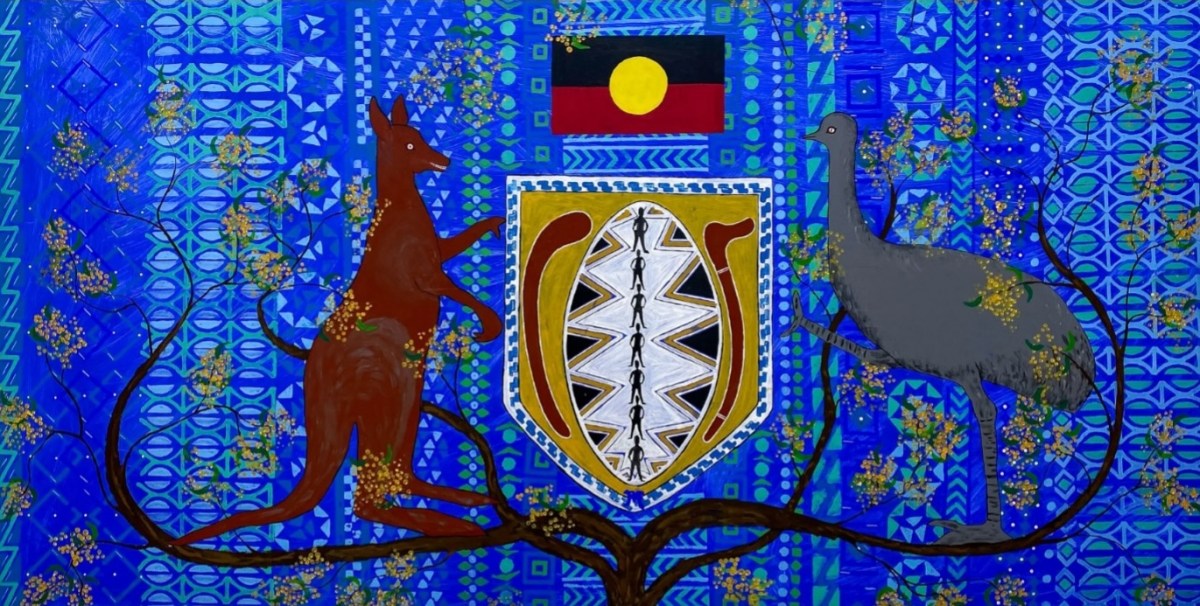 Aboriginal style paintings with coat of arts of Australia and Aboriginal decoration and flag. MUMA 2026