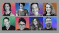 Head shots of eight arts professionals on colored backgrounds. Arts Jobs.