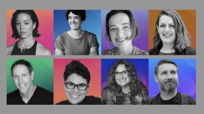 Head shots of eight arts professionals on colored backgrounds. Arts Jobs.