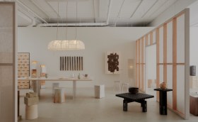 Exhibition space with designed household objects in subtle tones. Design Craft Victoria