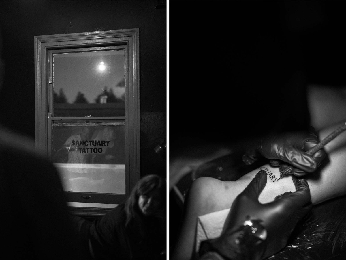 Fremantle Biennale: Two black and white photos: at left, a photograph of a window that says "sanctuary tattoo". At right, a photo of a tattooist's gloved hands tattooing someone's ankle with the word "sanctuary".