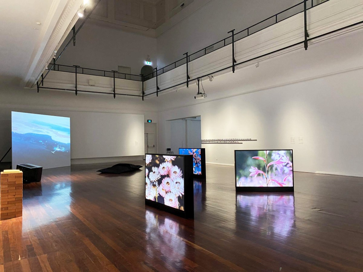 Alana Hunt: A photo of a contemporary art gallery space with two lightbox screen works in the middle of the space and a large screen work on the back wall.