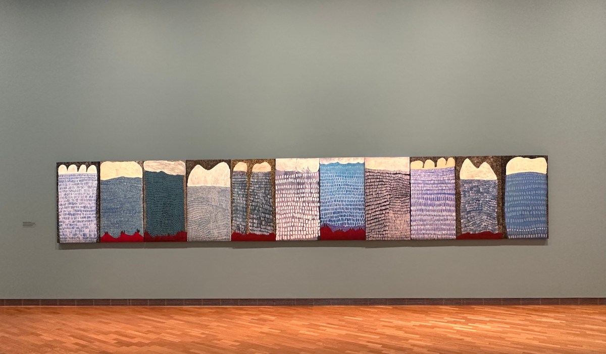 View of Aboriginal paintings with clouds and rain. Tony Albert's Indigenous Triennial