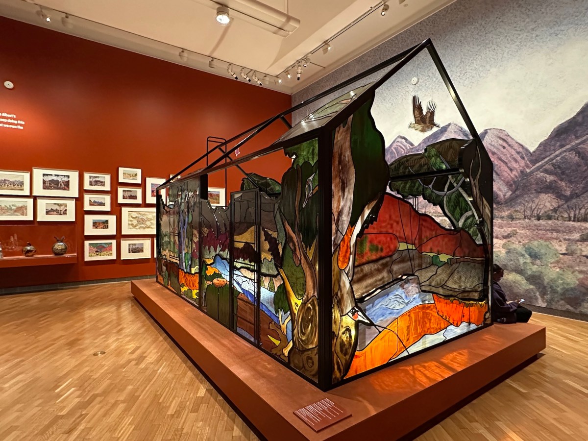 Stained glass house structure within gallery setting. Tony Albert's Indigenous Triennial
