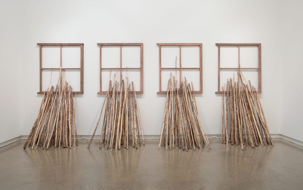 Rosalie Gascoigne, Takeover Bid, 1981, found window frames and thistle stems, 200 x 350 x 60 cm (variable), Heide Museum of Modern Art, Melbourne. Donated through the Australian Government's Cultural Gifts Program by the Gascoigne family, 2016. © Rosalie Gascoigne/Licensed by Copyright Agency, Australia.
