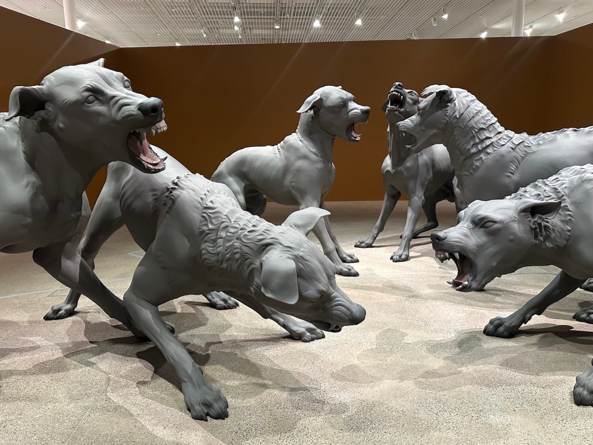 Sculpture of oversize dogs snarling. Ron Mueck