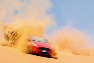 A red car drives at speed across a sand dune, throwing up a cloud of sand as it goes. arts sector appointments