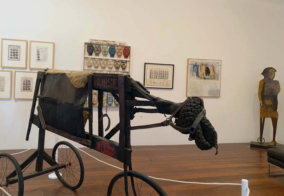 Objet D'Art - Theo Koning and his Creative Self: a photo of a gallery space showing various prints and wooden assemblage and sculpture works by artist Theo Koning.