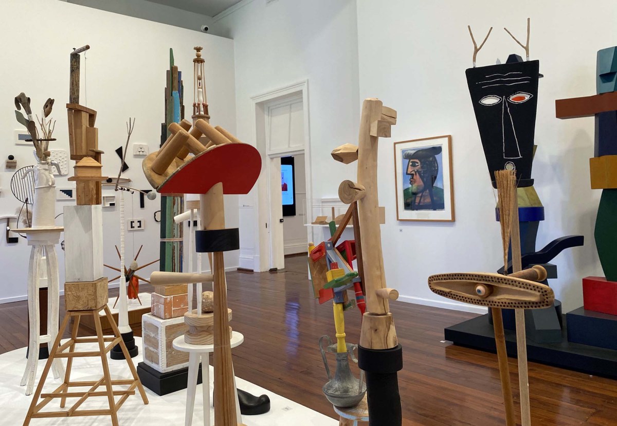 Objet D'Art - Theo Koning and his Creative Self: a photo of a gallery space showing various colourful wooden assemblage and sculptural works by artist Theo Koning.