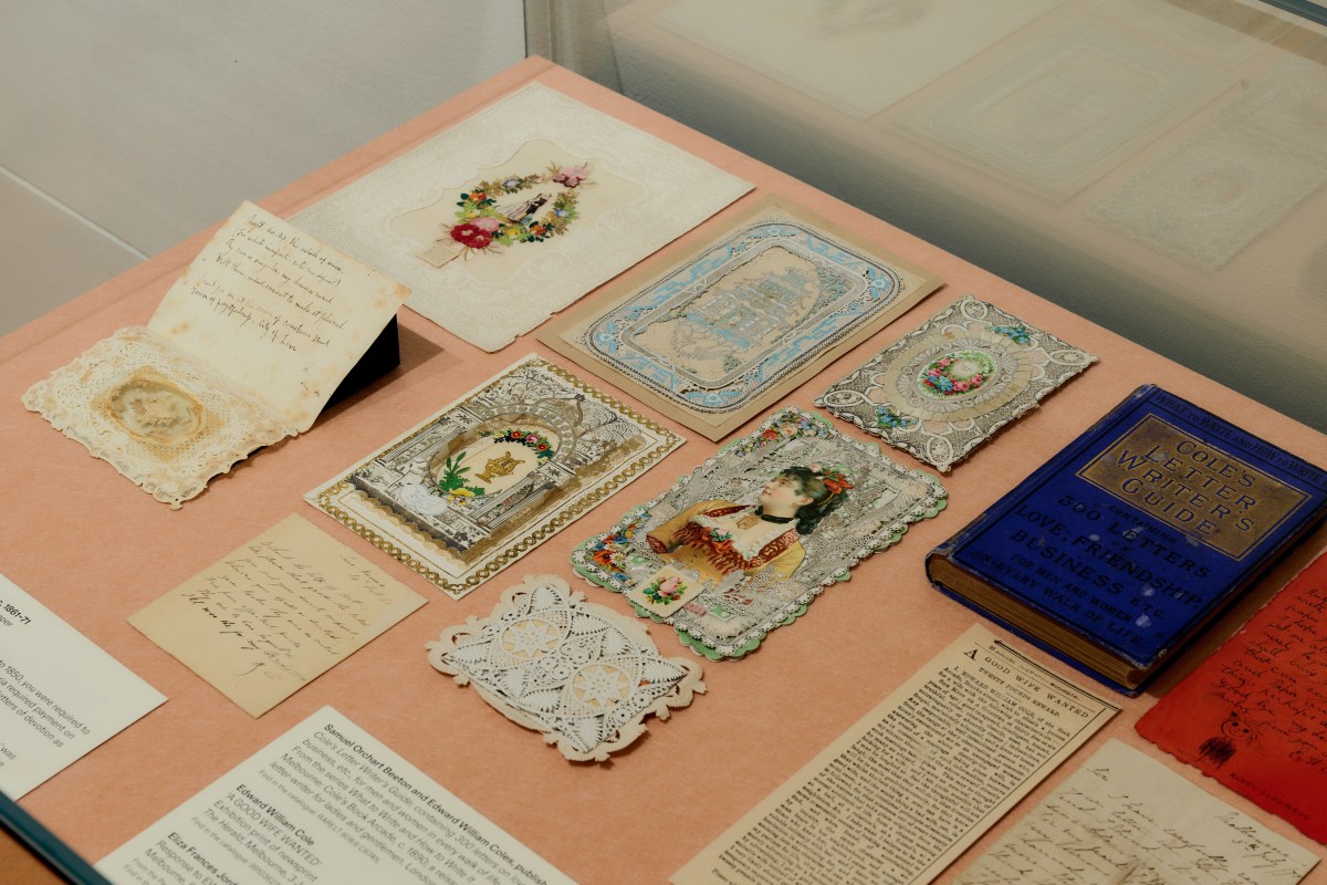Victorian-era Valentine’s cards. Installation view, Rebel Heart, State Library of Victoria. Photo: Eugene Hyland.