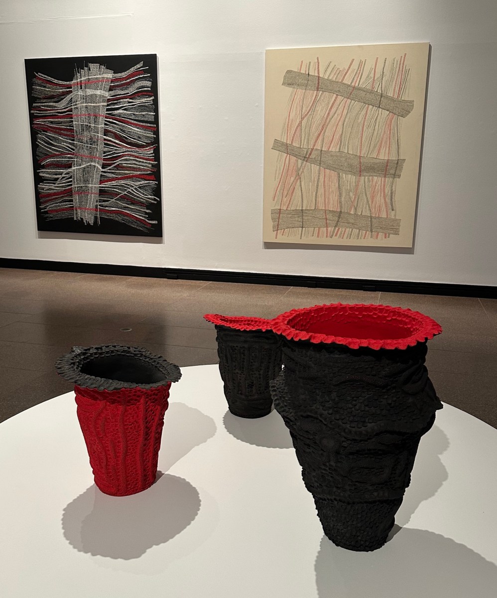 : Installation view Julie Nangala Robertson (rear) and Josina Pumami (forward), Yield Strength: 2026 Adelaide Biennial of Australian Art, Art Gallery of South Australia. Image: Gina Fairley.