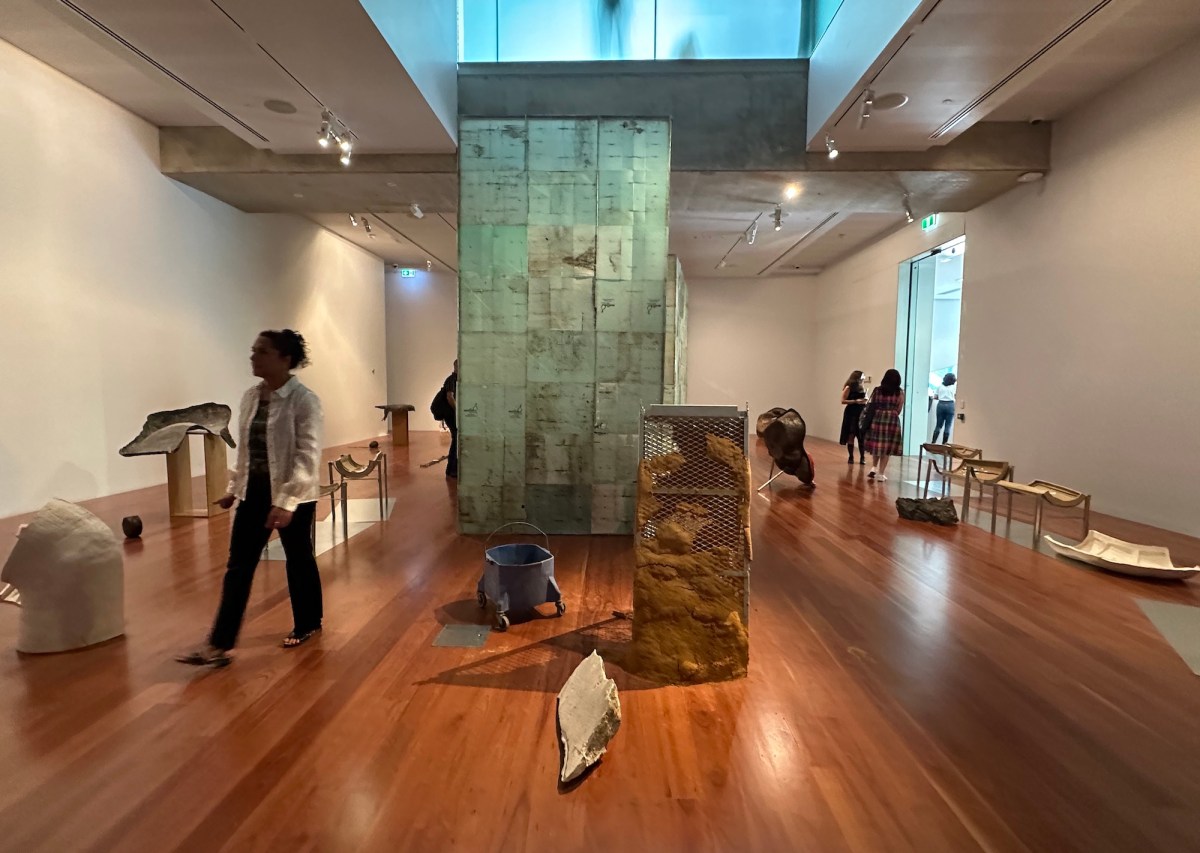 Installation view Yield Strength: 2026 Adelaide Biennial of Australian Art, Samstag Museum of Art with Francis Carmody and Isadora Vaughan’s work. Image: Gina Fairley.