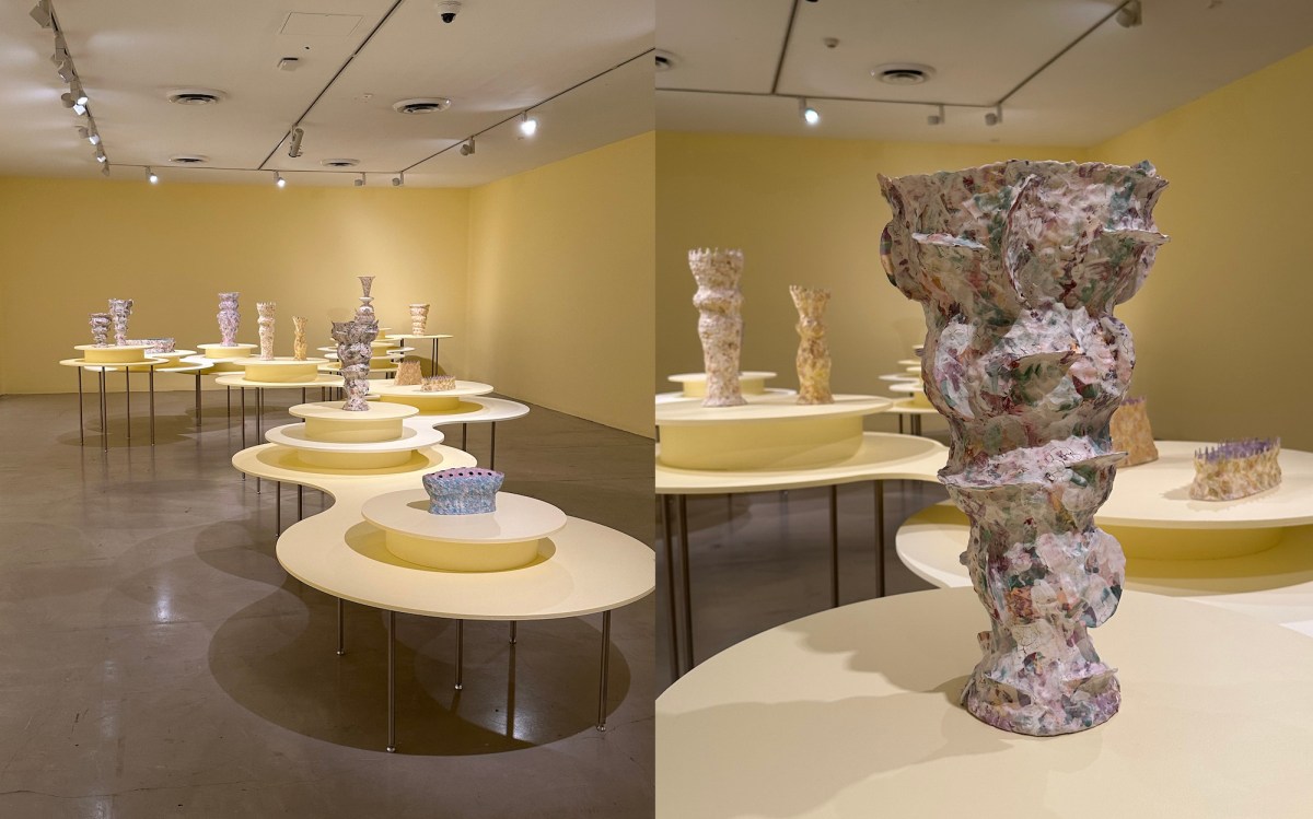 ceramic exhibition view and detail in yellow painted room. Lynda Draper