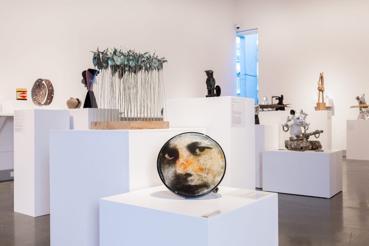 Install image of the 2025 Deakin University Contemporary Small Sculpture Award, September 2025, Deakin University Art Gallery, Burwood Campus. Featuring artists left to right: Paul Yore, Ann Ferguson, Miranda Burgess, Euan Heng, Brigit Heller, Brenda Page (foreground), Michael Doolan, Mariana Del Castillo, Sam Varian and Jamieson Miller. Image © and courtesy of the artists. Image: Fiona Hamilton.