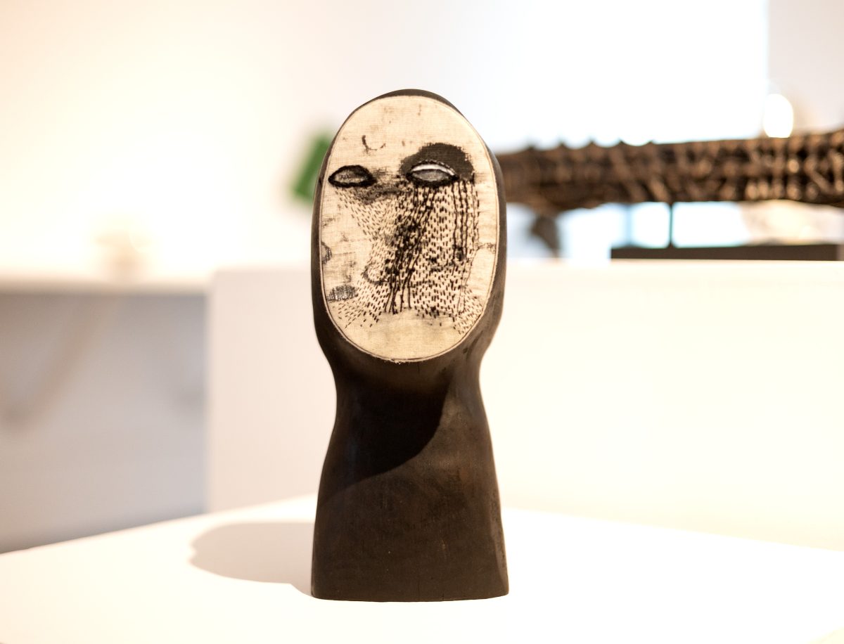 Mariana Del Castillo, State of Change, Australian hardwood, linen, clay paint, wool and cotton, 28 x 11 x 14cm, Winner of the 2025 Deakin University Contemporary Small Sculpture Award. Image © and courtesy of the artist. Image: Fiona Hamilton.