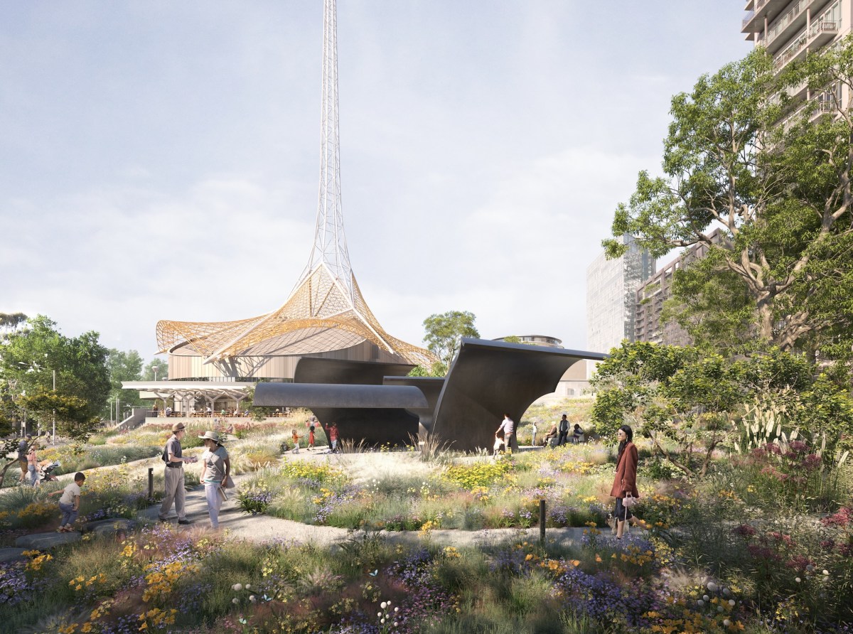 Architect's render of a public garden with a sculpture and people. Laak Boorndap
