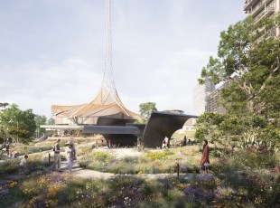 Architect's render of a public garden with a sculpture and people. Laak Boorndap
