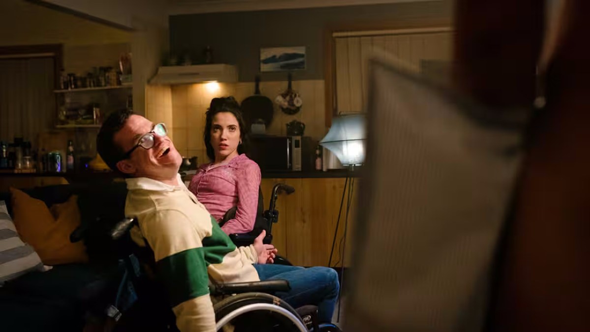 Angus Thompson and Hannah Diviney as Frank and Sarah on the set of Latecomers. Photo: Renata Dominik / SBS. Arts and disability