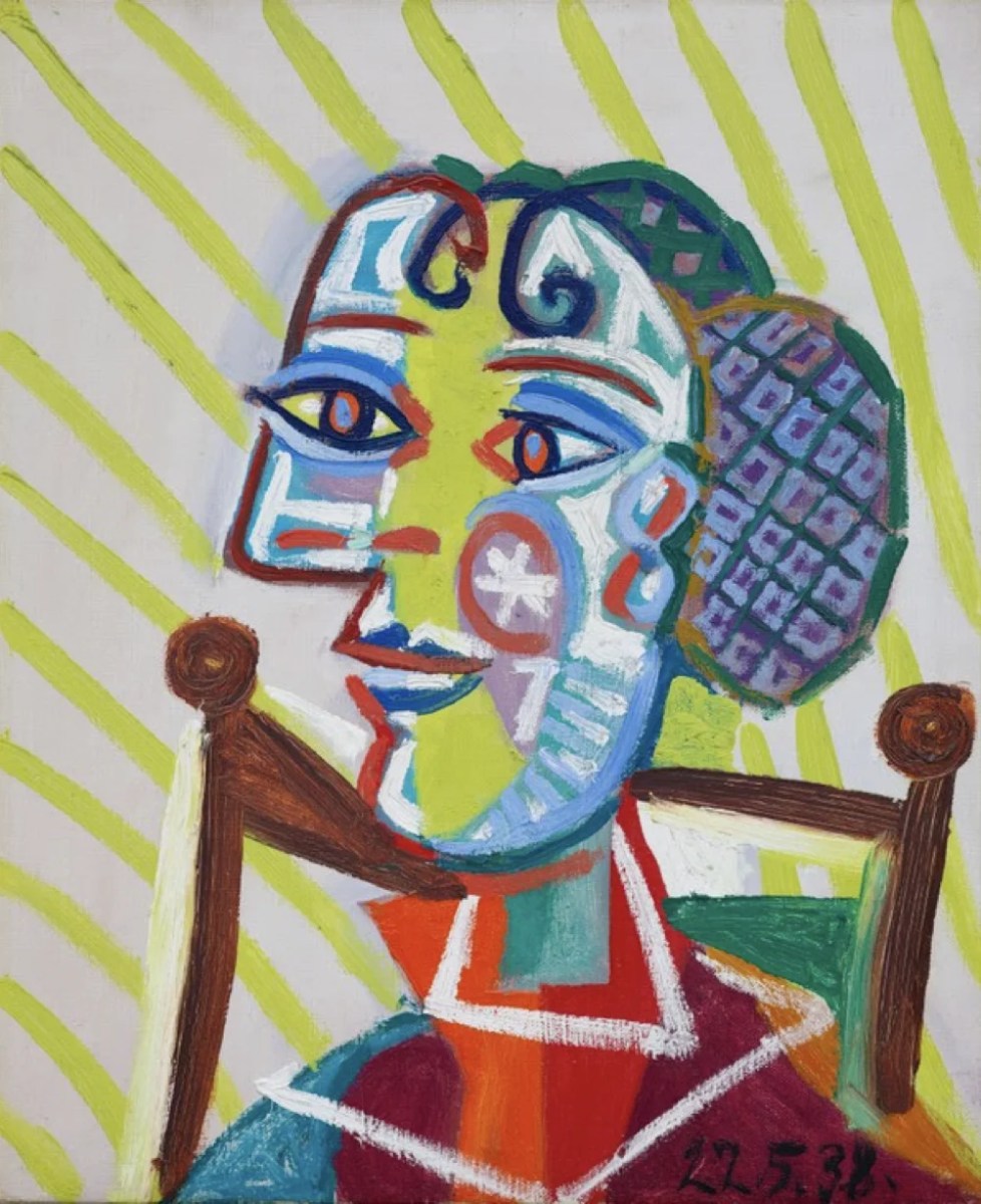 Colourful abstract portrait of a woman with striped background. Picasso SAM In Facing Modernity blockbuster at Shepparton Art Museum