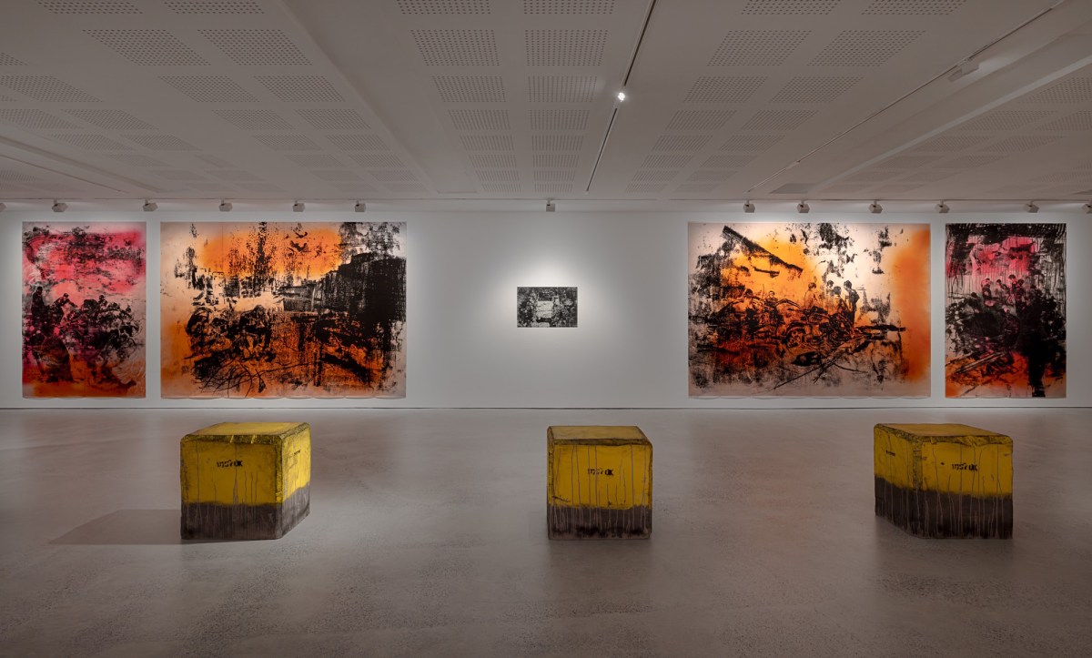 Pat Hoffie, The Yellow Line (The Recreational Laboratory of Fear), 2025. Giclée prints on paper, mixed media on polystyrene. Artwork digitalisation: Nina White. Installation view, All the World’s Memories, UNSW Galleries, Sydney. Photo: Jacquie Manning.
