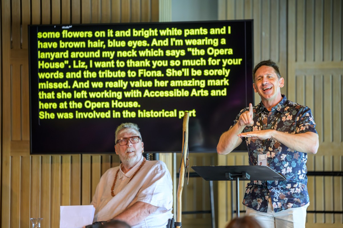 Uncle Paul Calcott and Alex Jones at the Accessible Arts Disability Leadership Panel, held in partnership with Sydney Opera House in 2025. Photo: Rob Studdert / Accessible Arts.