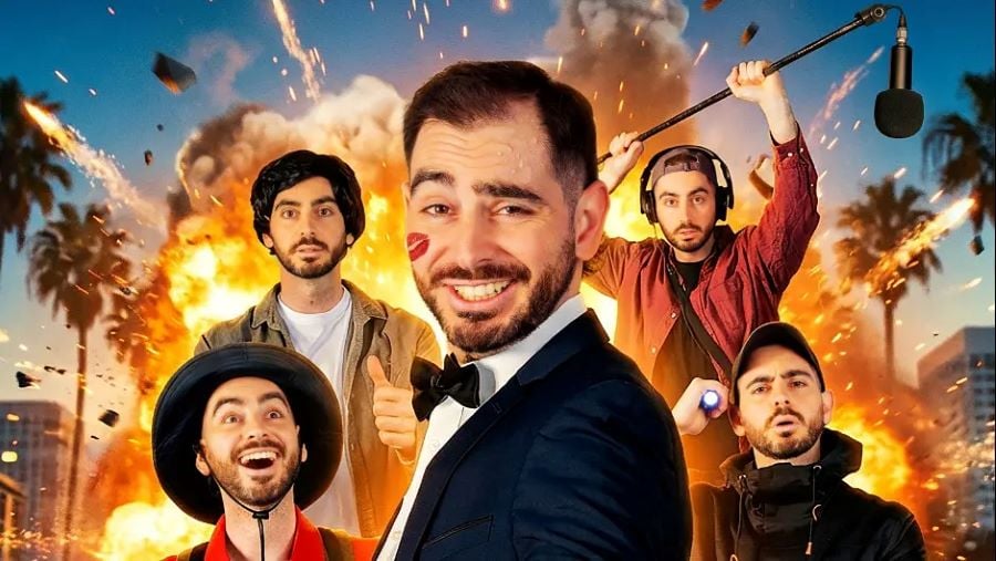 Casey Filips' What a Character at Melbourne International Comedy Festival. Five different photos of Casey Filips, a young Green-Australian with a short beard and moustache, as five different characters overlaid atop a photo of an explosion.
