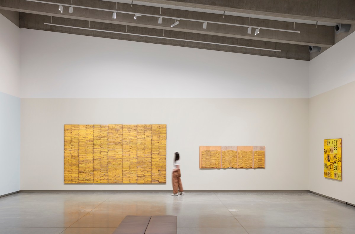 From left, Rosalie Gascoigne's Plenty, 1986; Wheat belt, 1989; and Top Brass, 1992. Installation view, Sky, Earth, Water, Bundanon. Photo: Zan Wimberley.