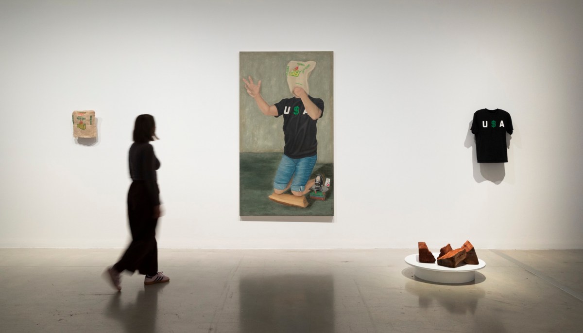 Vicente Telles, Primera Voz / First Voice, 2026. Watercolour pigments, foraged micaceous clay, oil pastel, soft pastel, masonite panel, T-shirt, bean sack, split logs. Commissioned by the Biennale of Sydney with Campbelltown Arts Centre. Photo: Silversalt Photography. Courtesy: the artist.