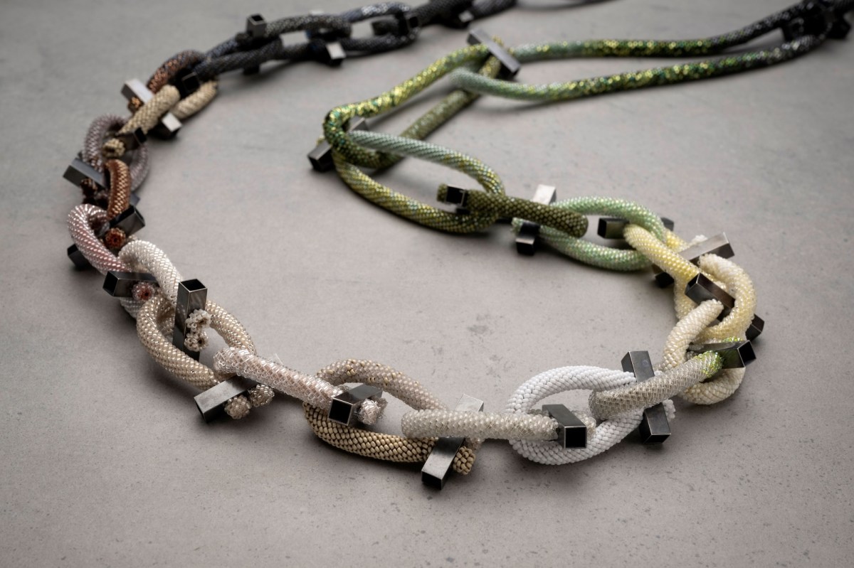 Jane Bowden, Sequence studies in beads off, 2024. Oxidised sterling silver, glass beads, sewing thread. Photo: Michael Haine.