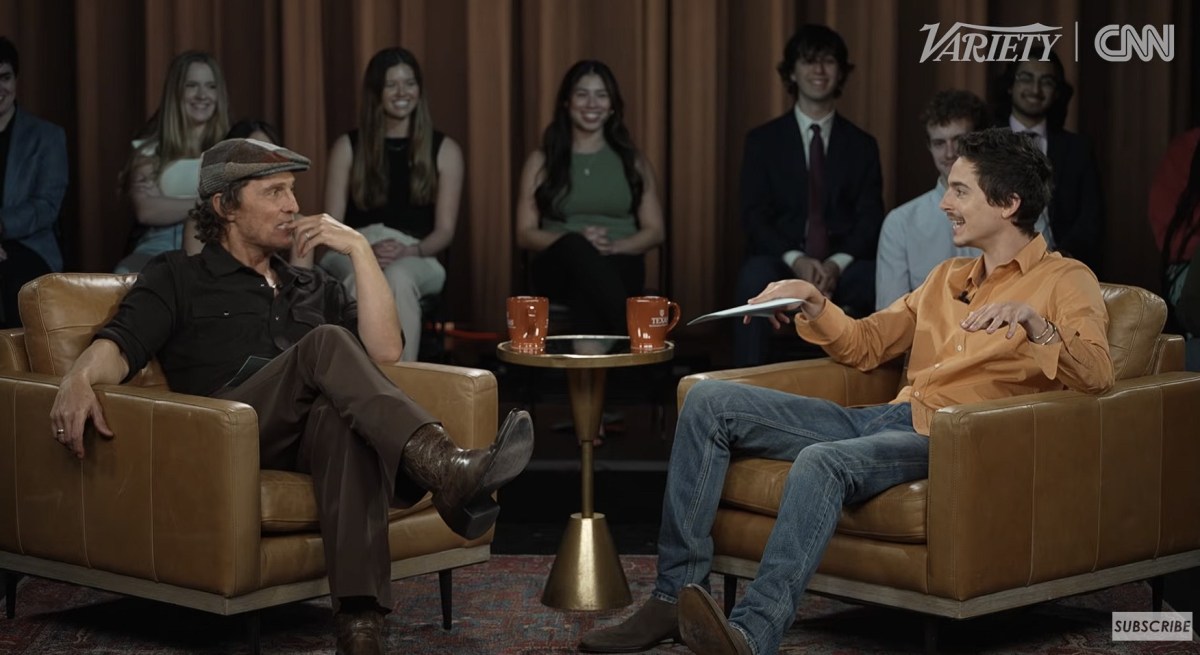 From left, Matthew McConaughey and Timothée Chalamet during their Variety & CNN Town Hall Conversation. Image: CNN / Variety.
