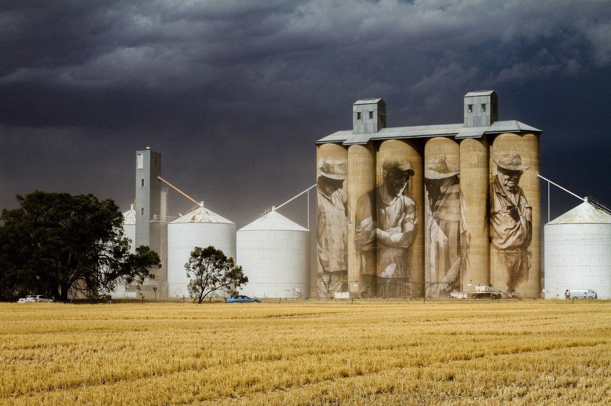 Brim silo VIC, 2016 by Guido van Helten: a photo of a large painted farm grain silo against a grey cloud stormy sky with golden grass in the forground. The painted mural depicts four men of varying ages in a realistic, figurative style.