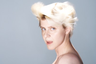 On Sexistential, Swedish pop singer Robyn embraces her body, emotions and sexuality while remaining unmistakeably herself. A photo of the pop singer Robyn, a fair-skinned woman with a shock of bleached blonde hair. She is photographed in profile but her blue eyes stare provocatively at the camera.