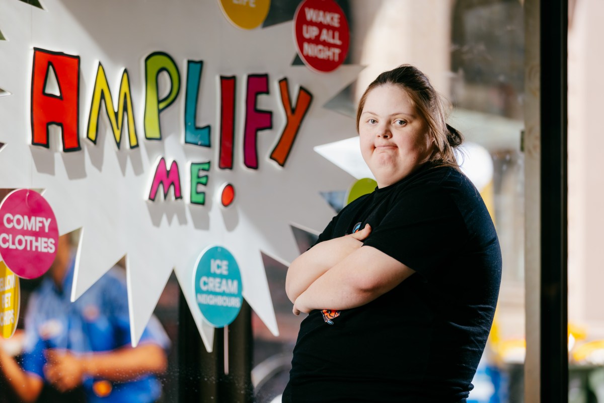 Ruby Herrenberg with her work Amplify Me, 2025-26. Photo: Supplied.