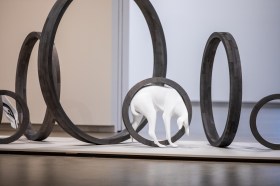 Francis Carmody, Canine Trap III, 2026. Graphite, acrylic paint, polyurethane, resin, felt, steel, wood. Installation view, TarraWarra International 2026: System Release, TarraWarra Museum of Art. Photo: Craate Creative.