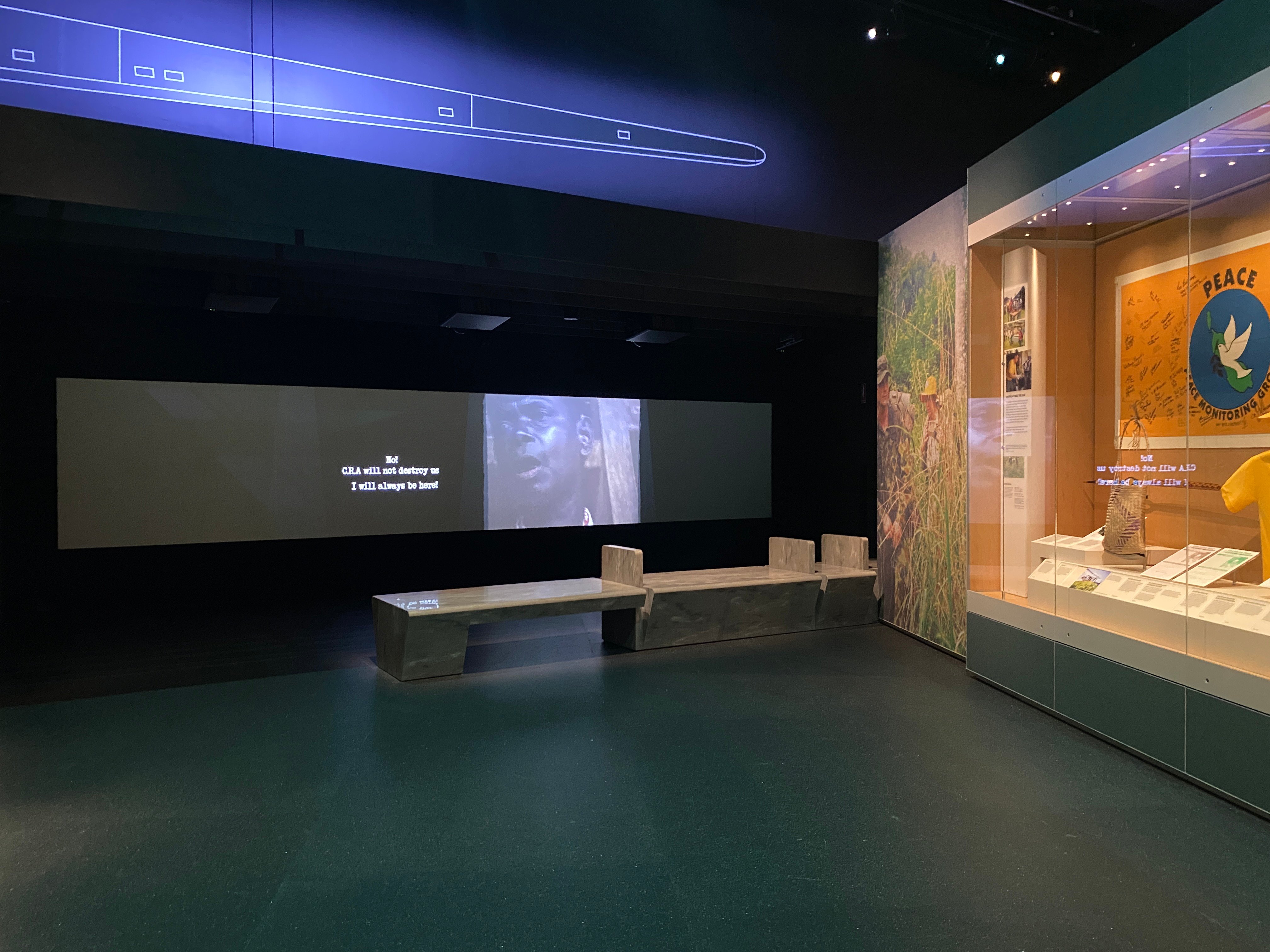 View of the four-channel HD video work Habitat 2018-19 (2018-19) by artist Taloi Havini that appears in the Peacekeeping gallery as part of its displays of Australia’s peacekeeping missions in Bougainville. Photo: ArtsHub.