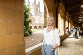 Professor Anna Funder in the quadrangle at the University of Sydney. Photo: University of Sydney/Stefanie Zingsheim.